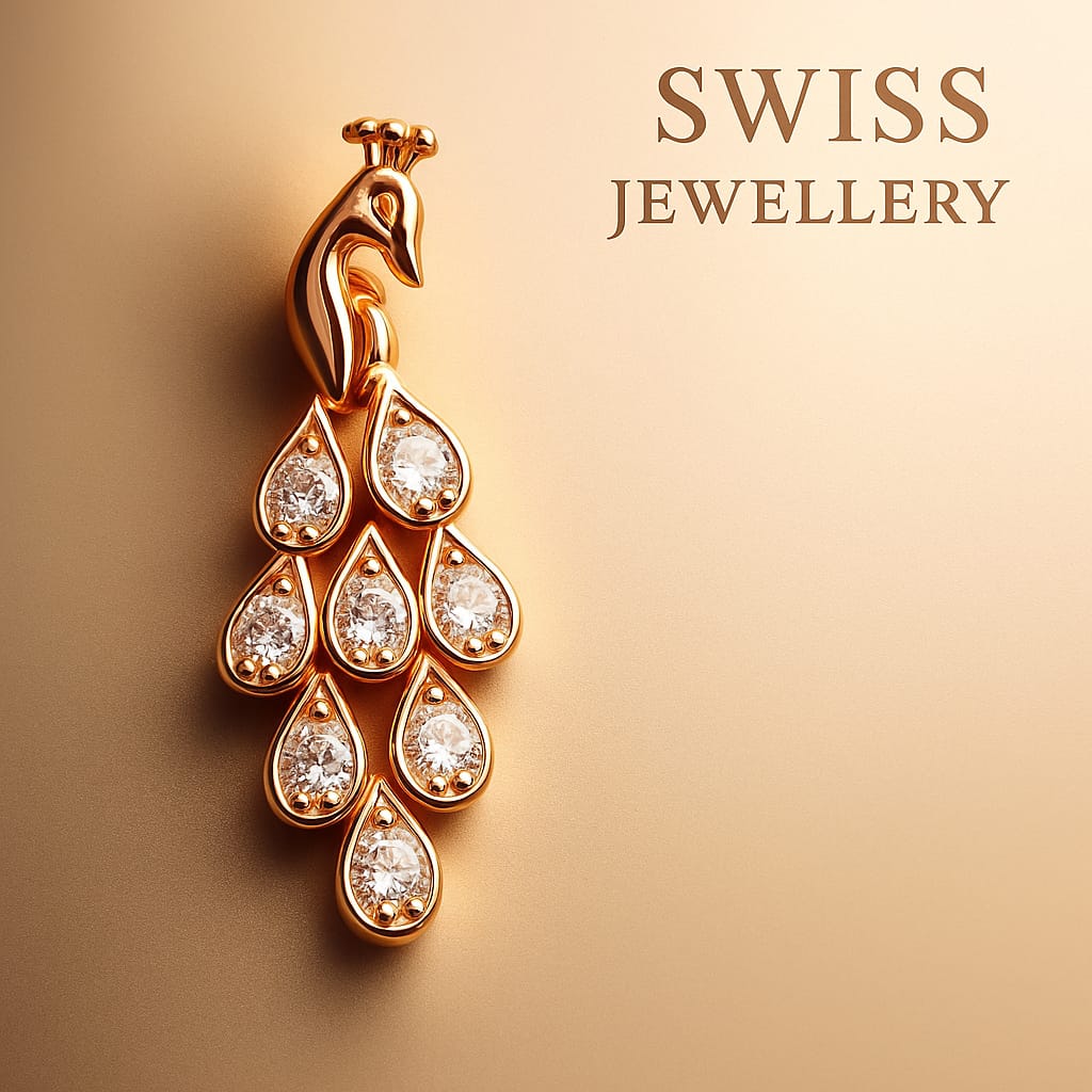 Gold peacock-shaped pendant with teardrop-shaped gemstones on a beige background, featuring 'Swiss Jewellery' text.