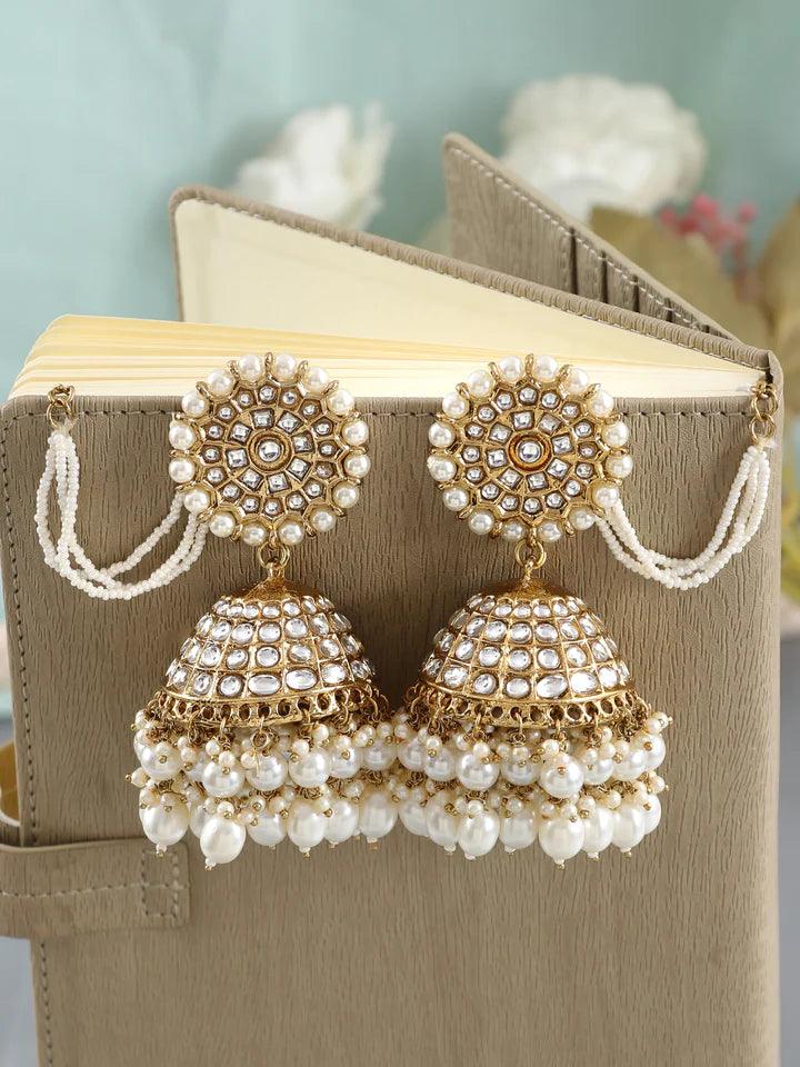 Pink-Green Kundan Studded Wedding Jhumka Earrings for Women