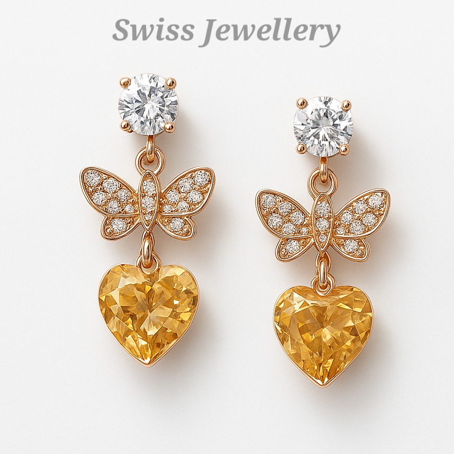 Golden Butterfly & Heart Crystal Drop Earrings