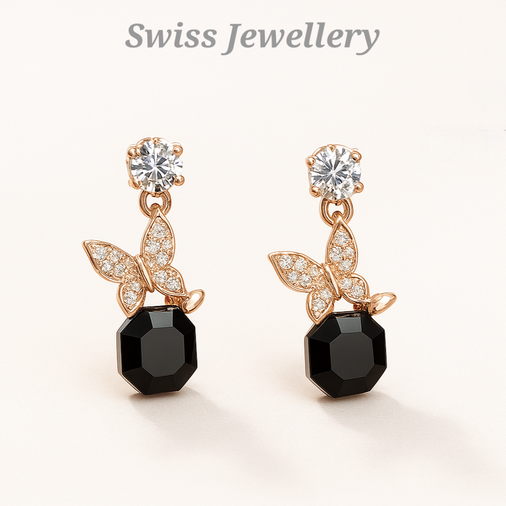 Golden Butterfly & Black Crystal Drop Earrings
