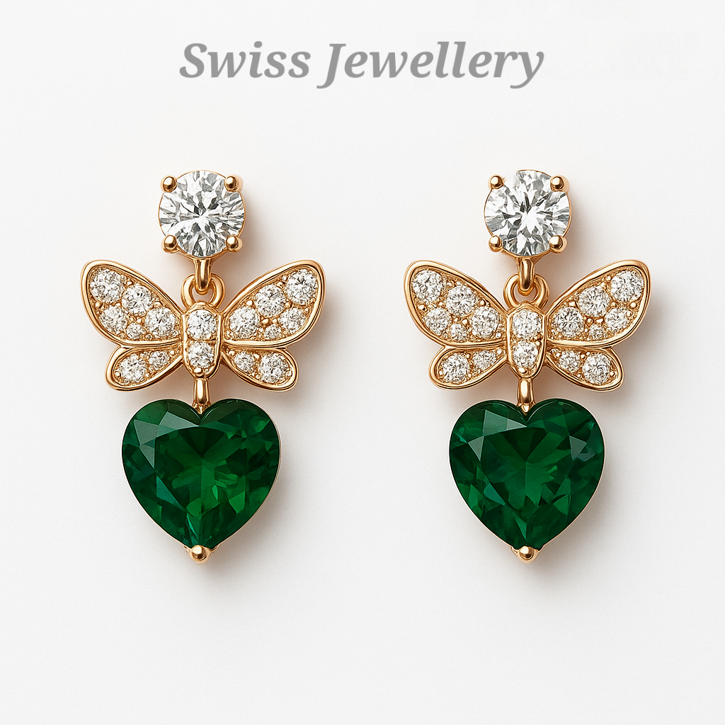 Golden Butterfly & Emerald Heart Crystal Earrings