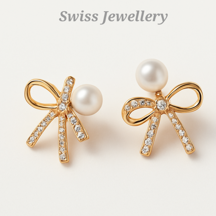 Golden Bow Pearl & Crystal Earrings